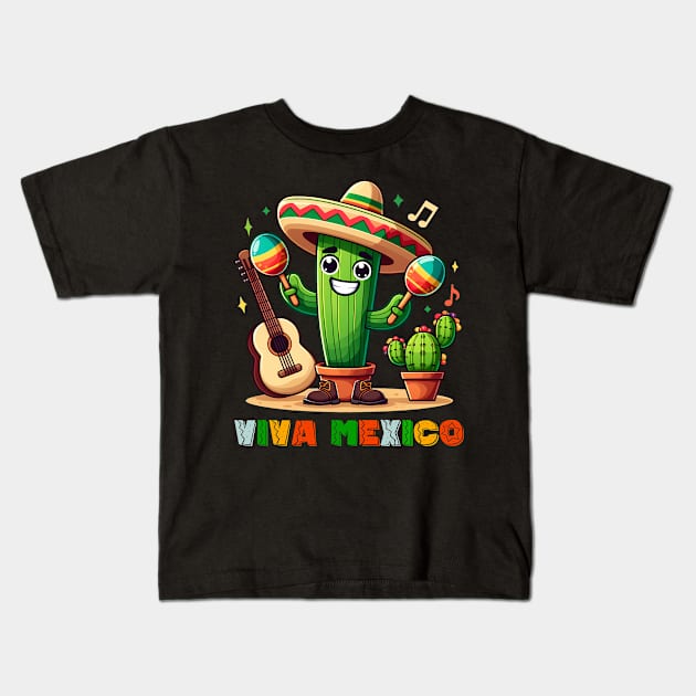 Viva Mexico Cinco De Mayo Cactus Guitar Sombrero Maracas Kids T-Shirt by inksplashcreations